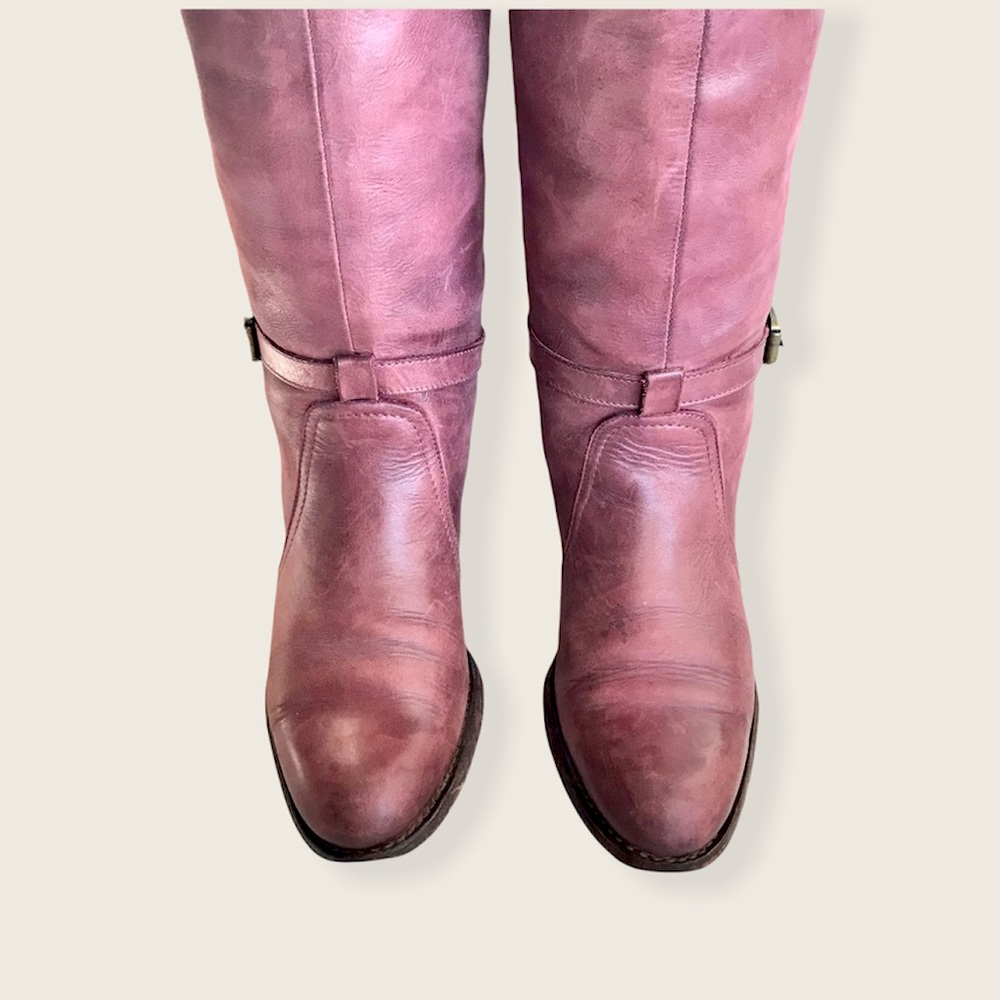 Frye Dorado Polished Genuine Leather Bordeaux/Light Red Knee High Riding Boots - Picture 8 of 16